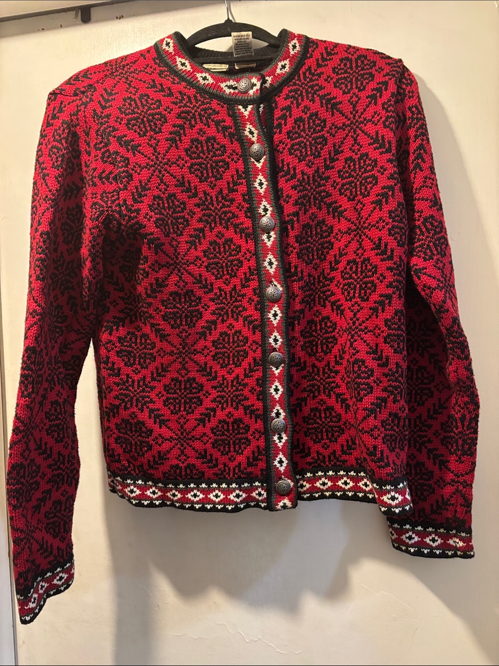 Classic Red and Black Nordic Knit Cardigan Sweater
